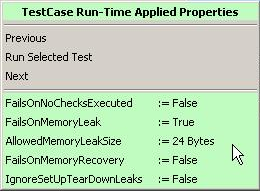 Run-Time properties popup menu showing allowed memory leak size display
